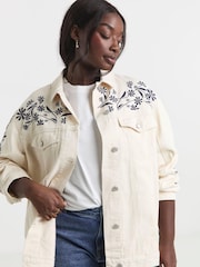 Simply Be Floral Embroidered Boyfriend Denim Jacket - Image 1 of 4