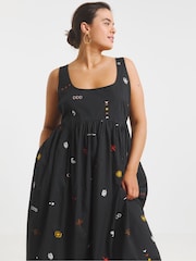 Simply Be Black Embroidered Midi Apron 100% Cotton Dress - Image 1 of 4