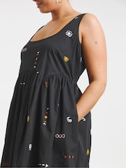 Simply Be Black Embroidered Midi Apron 100% Cotton Dress - Image 3 of 4