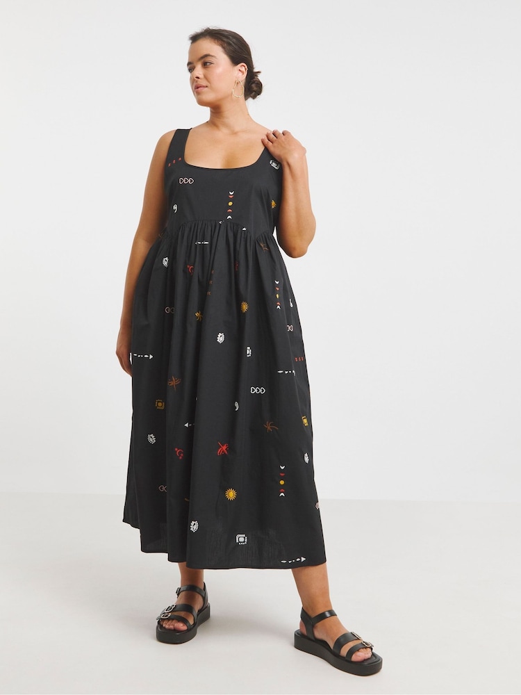 Simply Be Black Embroidered Midi Apron 100% Cotton Dress - Image 4 of 4