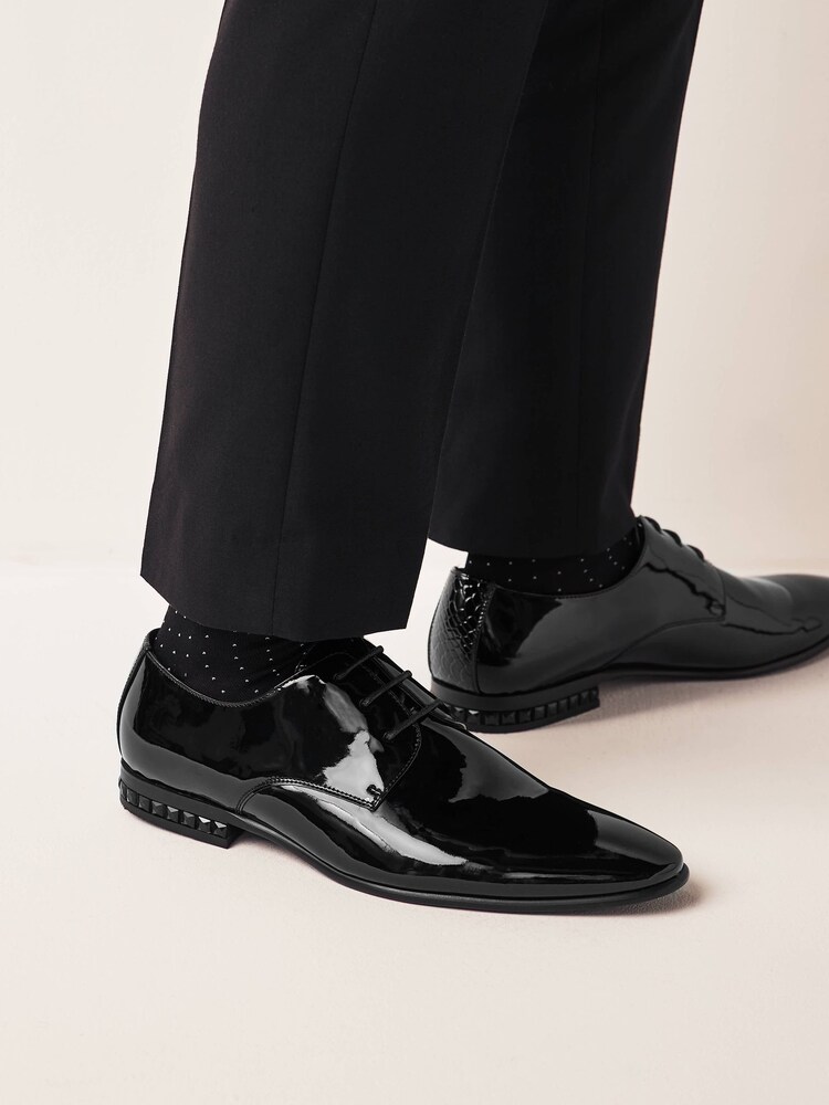 Black High Shine Jewel Trim Patent Derby Shoes - Image 2 of 6