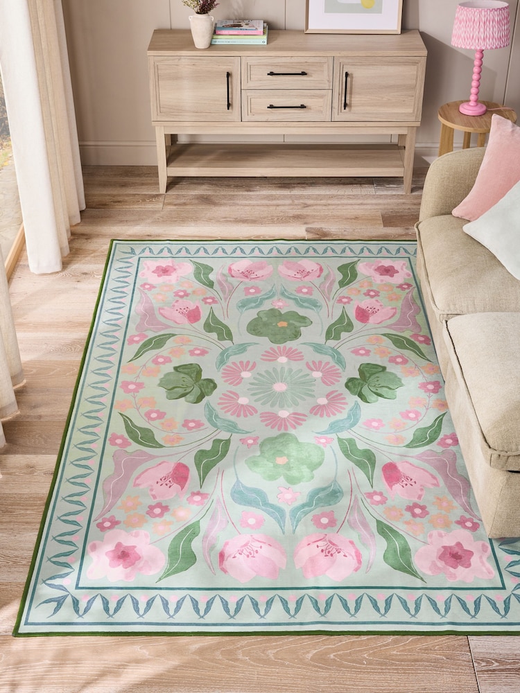 Sage Green Washable Bettie Floral Print Rug - Image 1 of 5