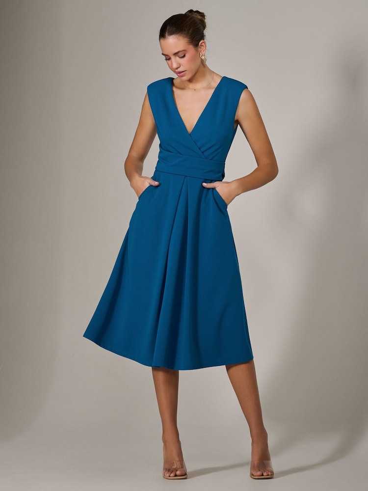Jolie Moi Blue Sleeveless Tie Waist Midi Dress - Image 1 of 6 Jolie Moi Blue Sleeveless Tie Waist Midi Dress - Image 1 of 6