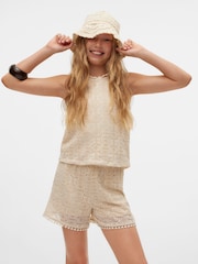 VERO MODA Cream Girls High Waist Lace Jersey Shorts - Image 1 of 2
