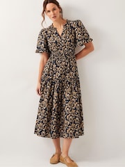Monsoon Black Bryony Leaf Print 100% Cotton Midi Dress - Image 2 of 4