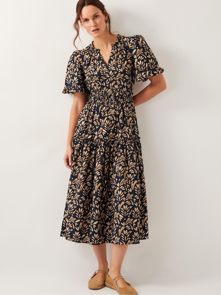 Monsoon Black Bryony Leaf Print 100% Cotton Midi Dress - Image 2 of 4