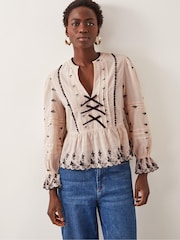 Monsoon Natural Ettie Pintuck 100% Cotton Embroidered Blouse - Image 1 of 4