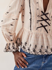 Monsoon Natural Ettie Pintuck 100% Cotton Embroidered Blouse - Image 3 of 4