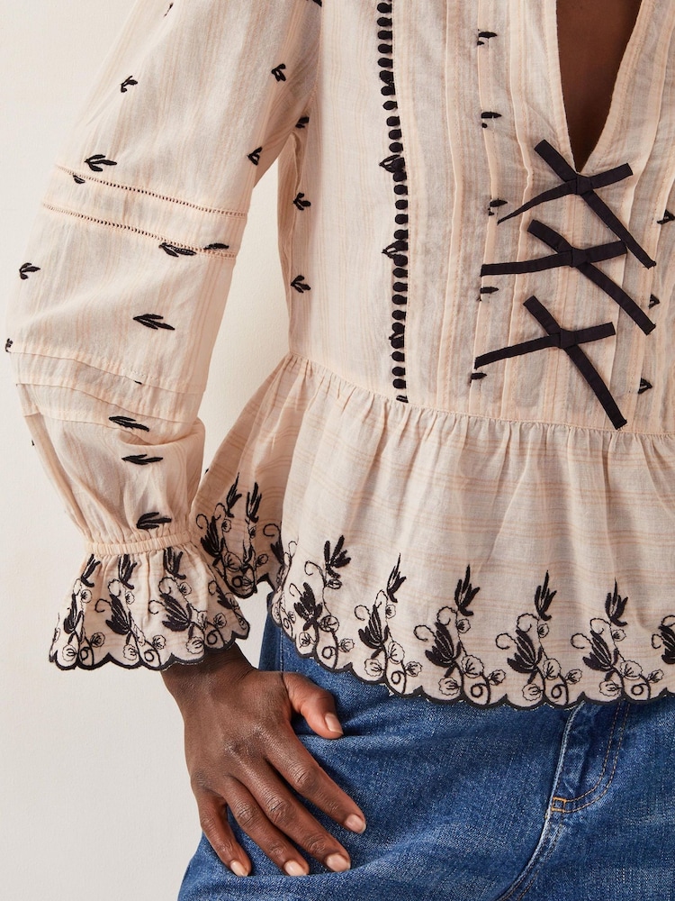Monsoon Natural Ettie Pintuck 100% Cotton Embroidered Blouse - Image 3 of 4