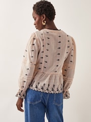 Monsoon Natural Ettie Pintuck 100% Cotton Embroidered Blouse - Image 4 of 4