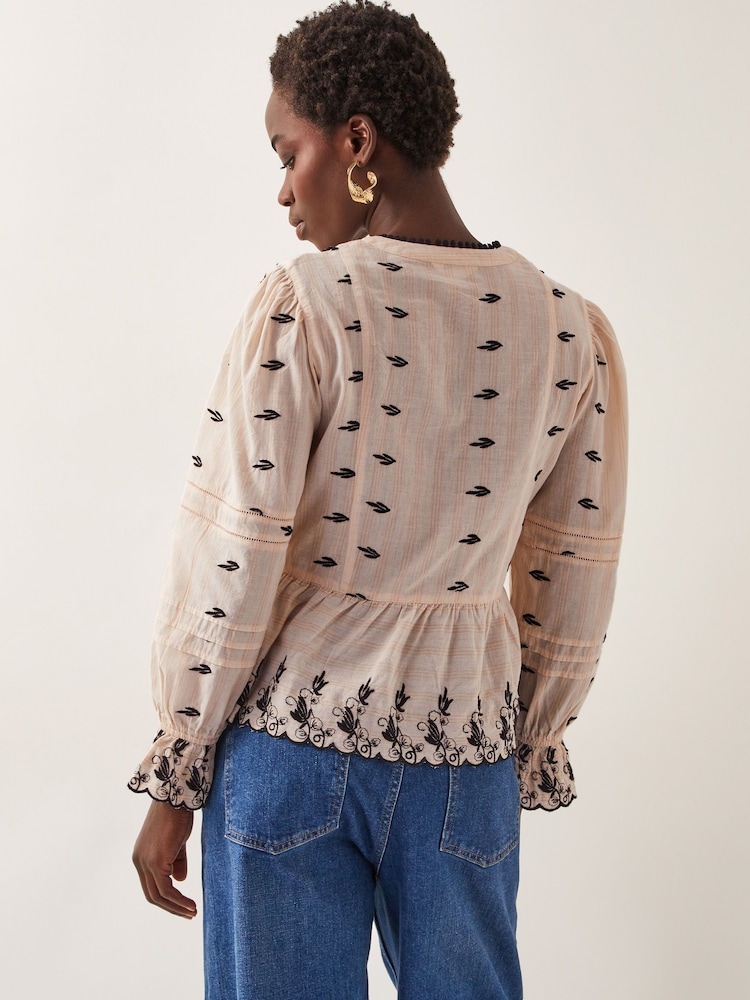Monsoon Natural Ettie Pintuck 100% Cotton Embroidered Blouse - Image 4 of 4