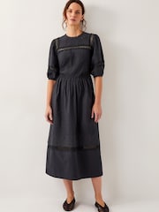 Monsoon Black Odilia Broderie Puff-Sleeve 100% Cotton Midi Dress - Image 1 of 4