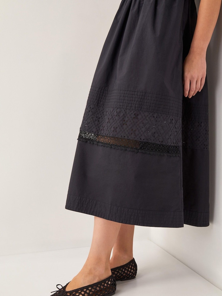 Monsoon Black Odilia Broderie Puff-Sleeve 100% Cotton Midi Dress - Image 2 of 4
