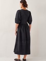 Monsoon Black Odilia Broderie Puff-Sleeve 100% Cotton Midi Dress - Image 3 of 4