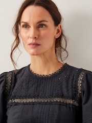 Monsoon Black Odilia Broderie Puff-Sleeve 100% Cotton Midi Dress - Image 4 of 4