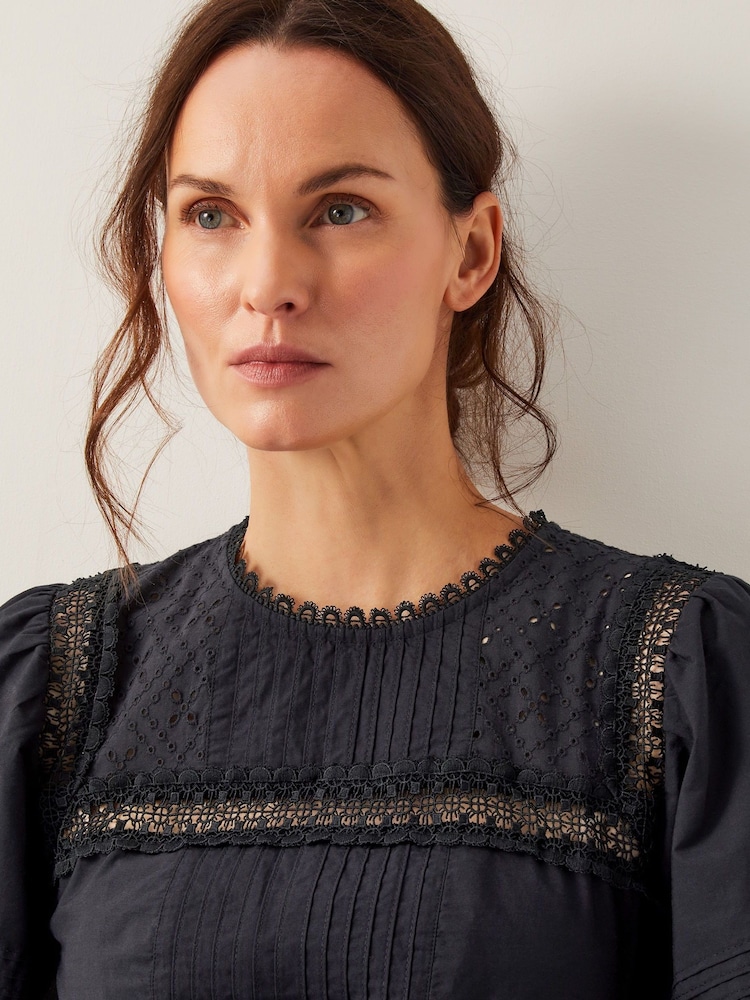 Monsoon Black Odilia Broderie Puff-Sleeve 100% Cotton Midi Dress - Image 4 of 4