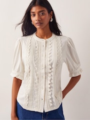 Monsoon Natural Lia Lace Puff-Sleeve 100% Cotton Blouse - Image 1 of 5