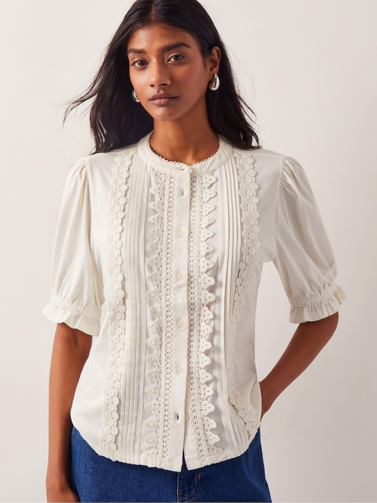 Monsoon Natural Lia Lace Puff-Sleeve 100% Cotton Blouse - Image 1 of 5