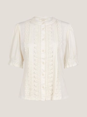 Monsoon Natural Lia Lace Puff-Sleeve 100% Cotton Blouse - Image 5 of 5