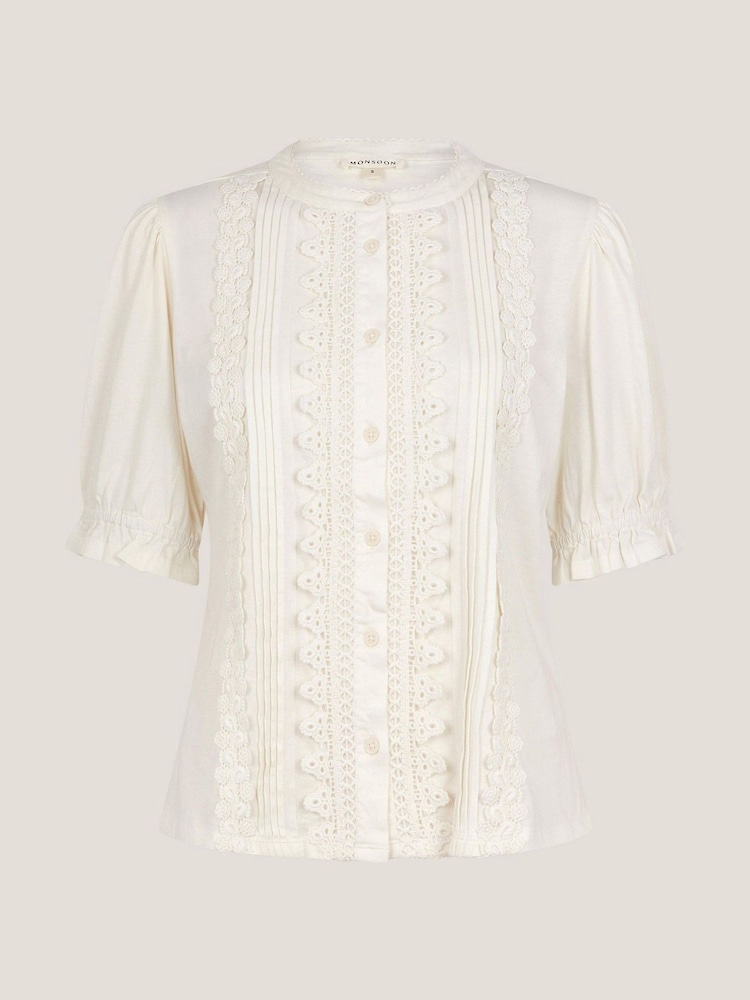 Monsoon Natural Lia Lace Puff-Sleeve 100% Cotton Blouse - Image 5 of 5