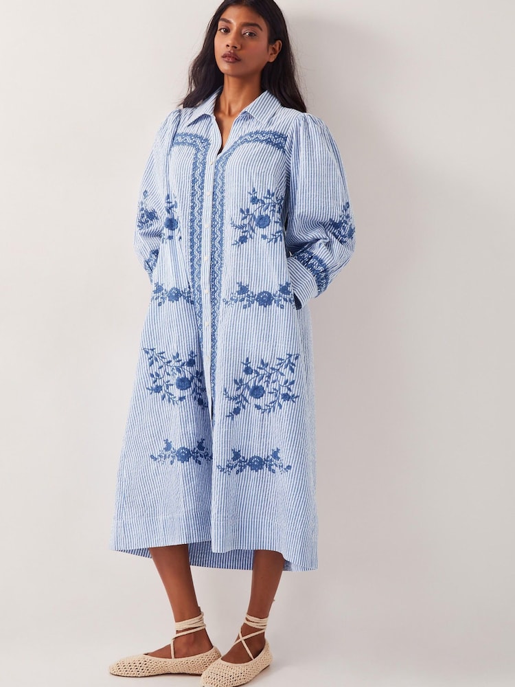Monsoon Blue Marlowe Stripe Embroidered 100% Cotton Midi Shirt Dress - Image 1 of 5