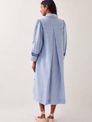 Monsoon Blue Marlowe Stripe Embroidered 100% Cotton Midi Shirt Dress - Image 2 of 5