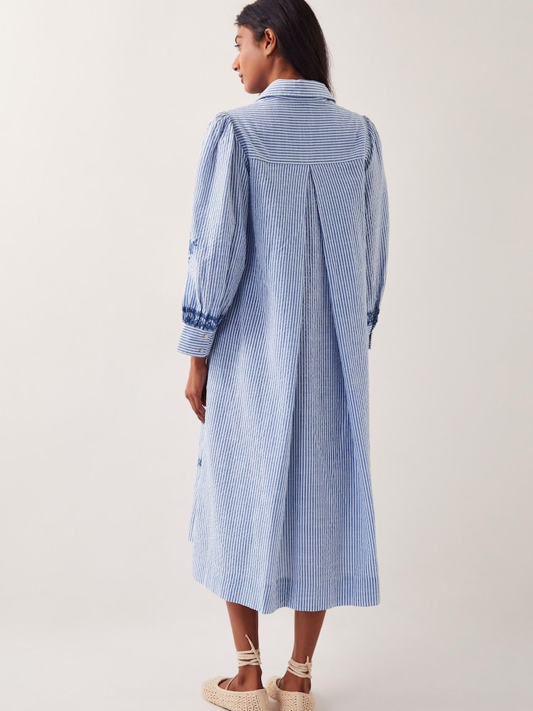 Monsoon Blue Marlowe Stripe Embroidered 100% Cotton Midi Shirt Dress - Image 2 of 5