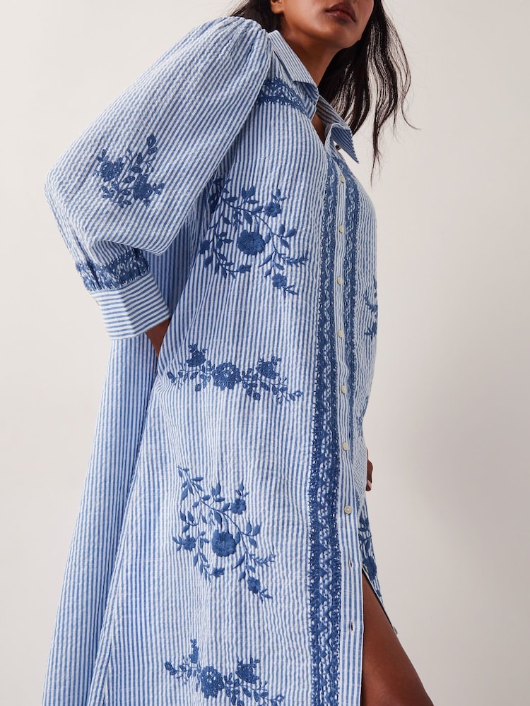 Monsoon Blue Marlowe Stripe Embroidered 100% Cotton Midi Shirt Dress - Image 3 of 5
