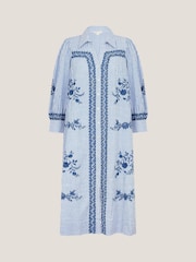 Monsoon Blue Marlowe Stripe Embroidered 100% Cotton Midi Shirt Dress - Image 5 of 5