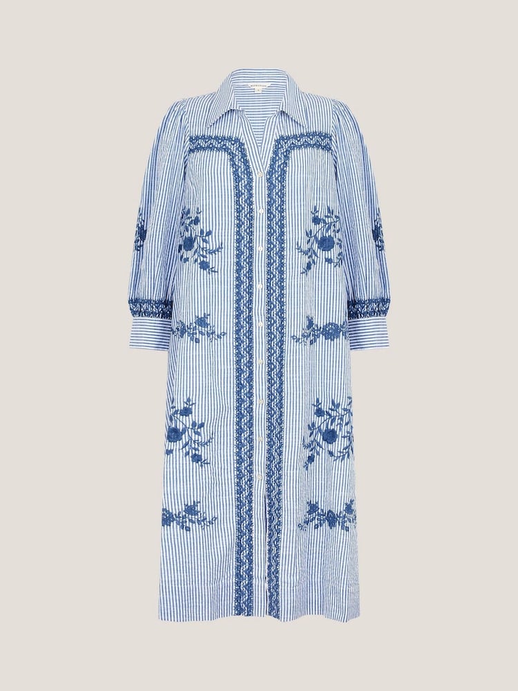 Monsoon Blue Marlowe Stripe Embroidered 100% Cotton Midi Shirt Dress - Image 5 of 5