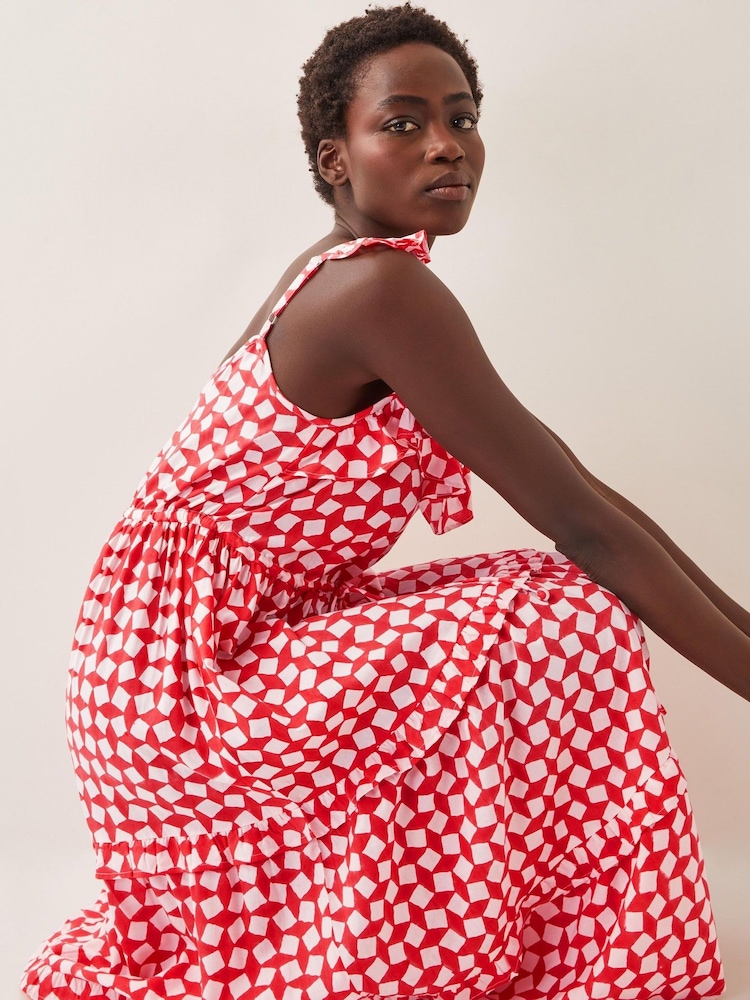 Monsoon Orange Geena Geometric Woodblock Midi Dress - Image 1 of 4