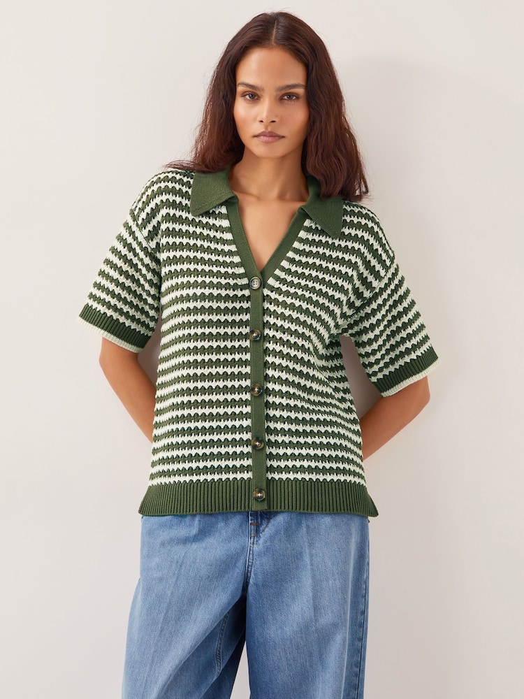 Monsoon Green Cally Stripe Collar 100% Cotton Jumper - Image 1 of 3