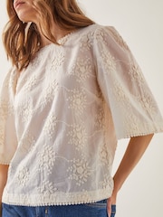 Monsoon Natural Harika Floral Print 100% Cotton Embroidered Top - Image 4 of 5