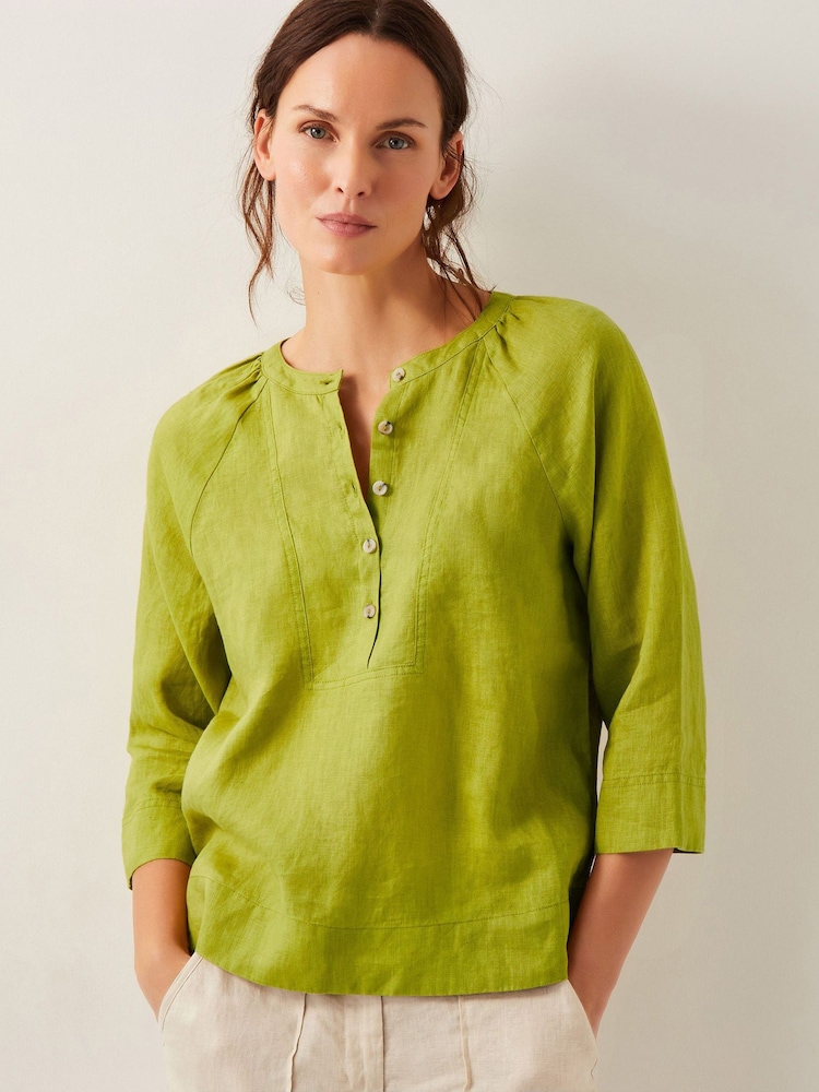 Monsoon Green Rosa Bib 100% Linen Blouse - Image 1 of 5