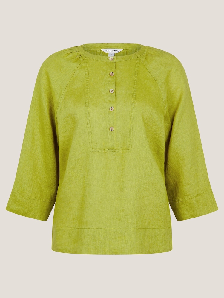 Monsoon Green Rosa Bib 100% Linen Blouse - Image 5 of 5