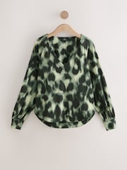Green Animal Long Sleeve V-Neck Jersery Blouse - Image 5 of 7