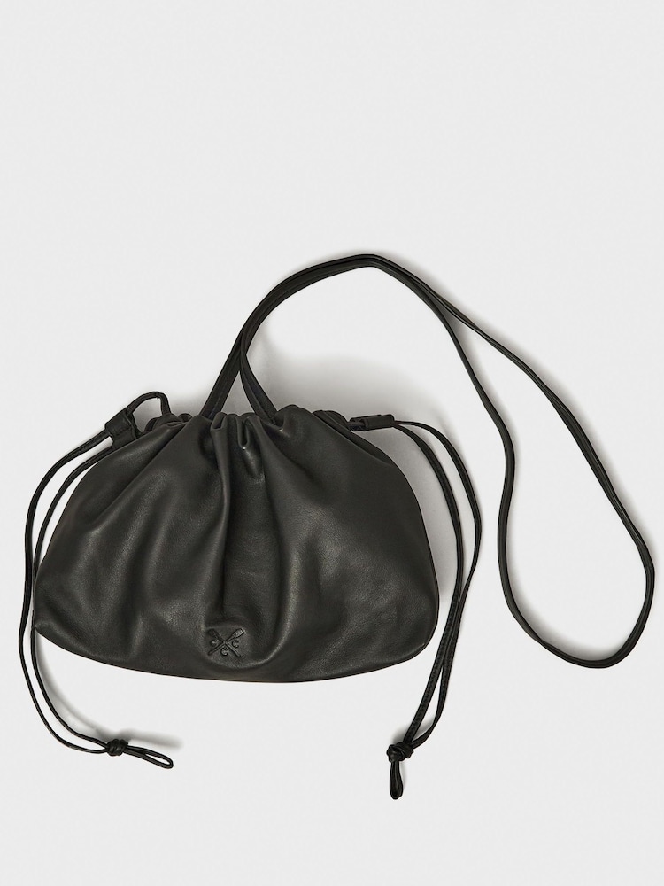 Crew Clothing Black Leather Drawstring Cross-Body Bag - Image 1 of 3