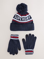 Superdry Blue Pom Hat and Gloves Set - Image 1 of 6