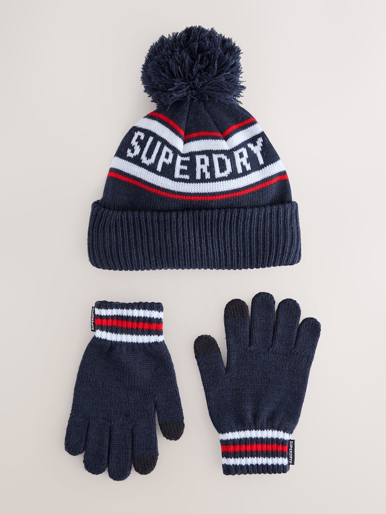 Superdry Blue Pom Hat and Gloves Set - Image 1 of 6