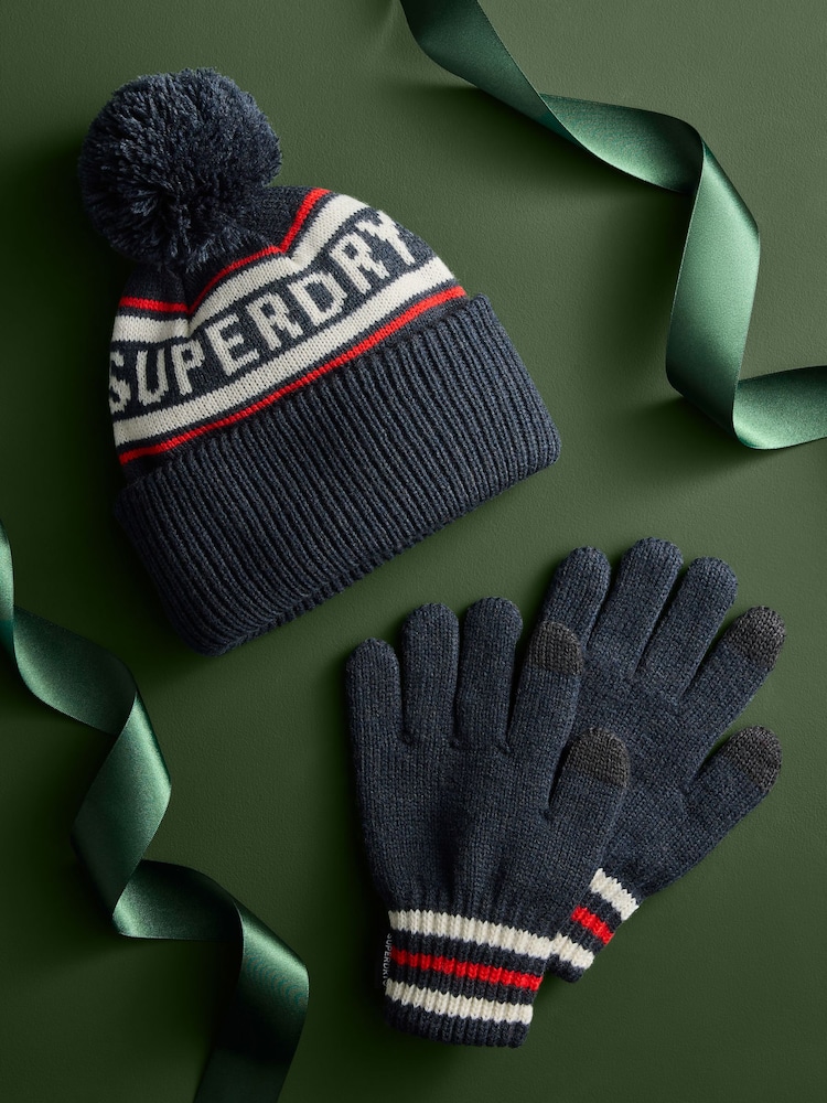 Superdry Blue Pom Hat and Gloves Set - Image 2 of 6