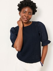 FatFace Joanie Navy Knitted and Woven Top - Image 1 of 6