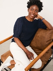 FatFace Joanie Navy Knitted and Woven Top - Image 5 of 6