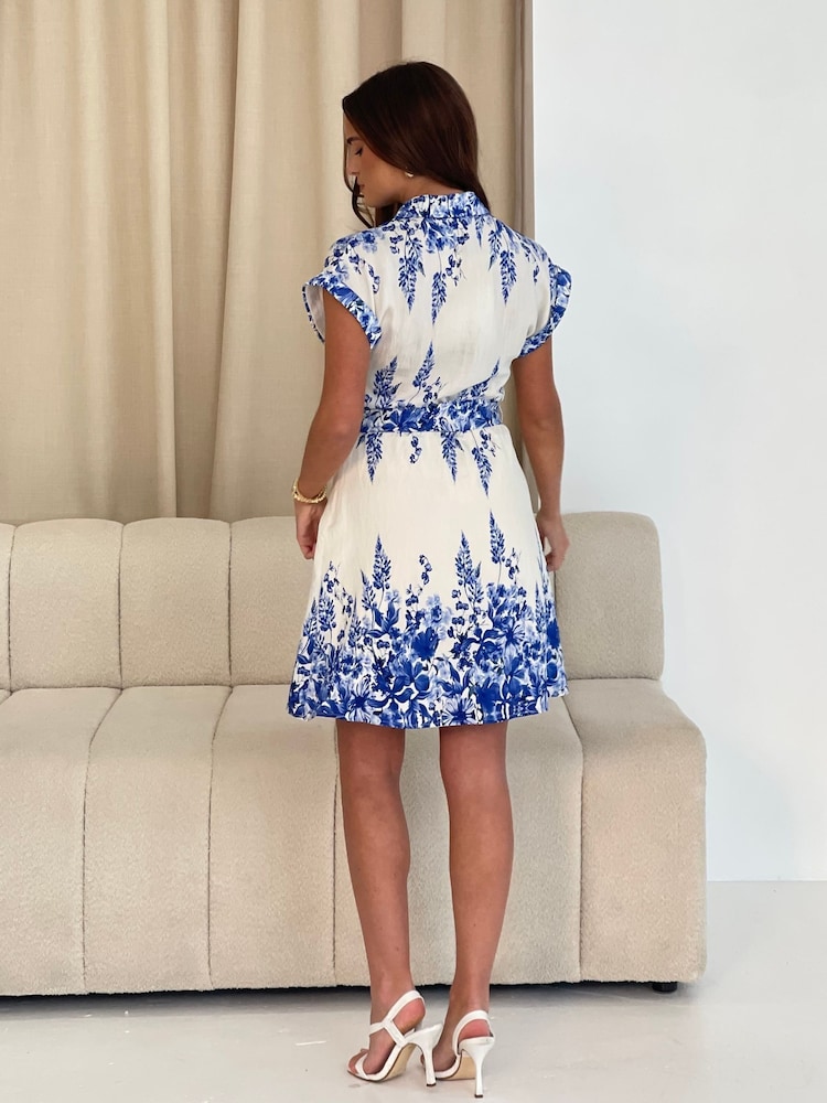 Girl In Mind Blue Sicily Floral Print Mini Shirt Dress - Image 2 of 5
