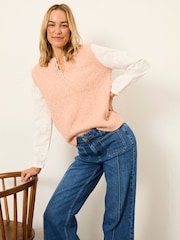 FatFace Leoni Pink Knitted and Woven 2in1 Top - Image 1 of 6