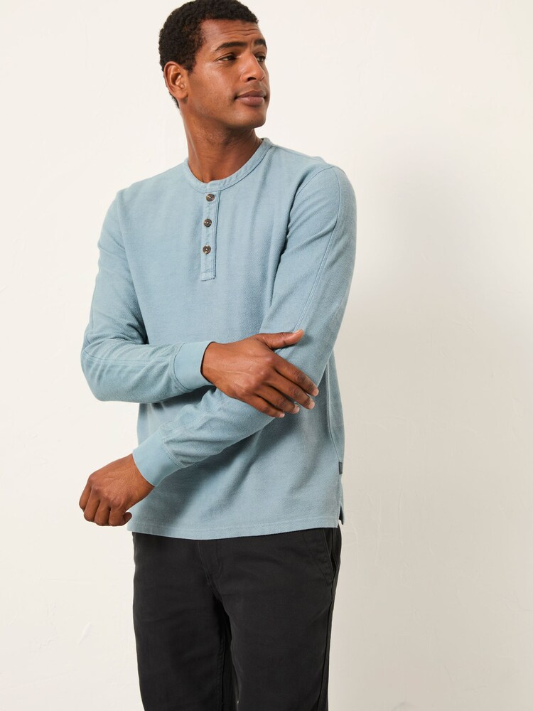 FatFace Light Vintage Blue Herringbone Henley - Image 1 of 5 FatFace Light Vintage Blue Herringbone Henley - Image 1 of 5