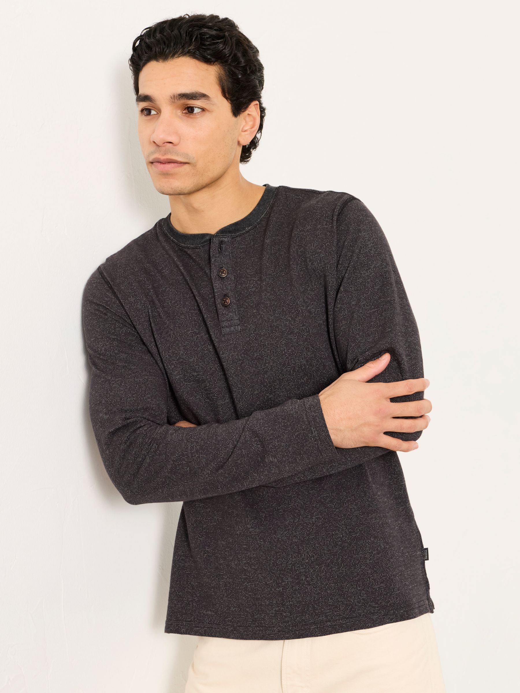 Buy FatFace Washed Black Waffle Textured Henley T-Shirt from Next