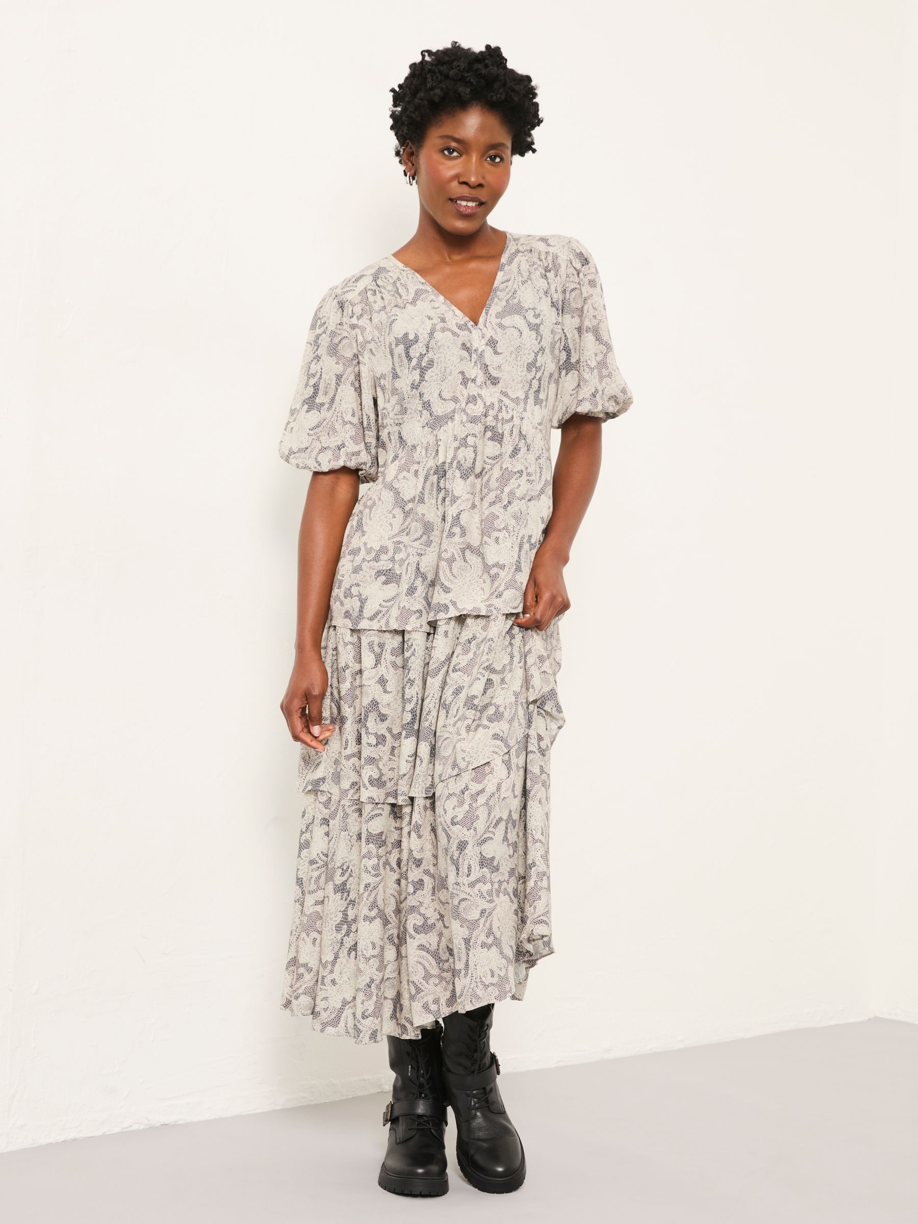 Buy FatFace Milly Charcoal Grey Decorative Floral Midi Dress from