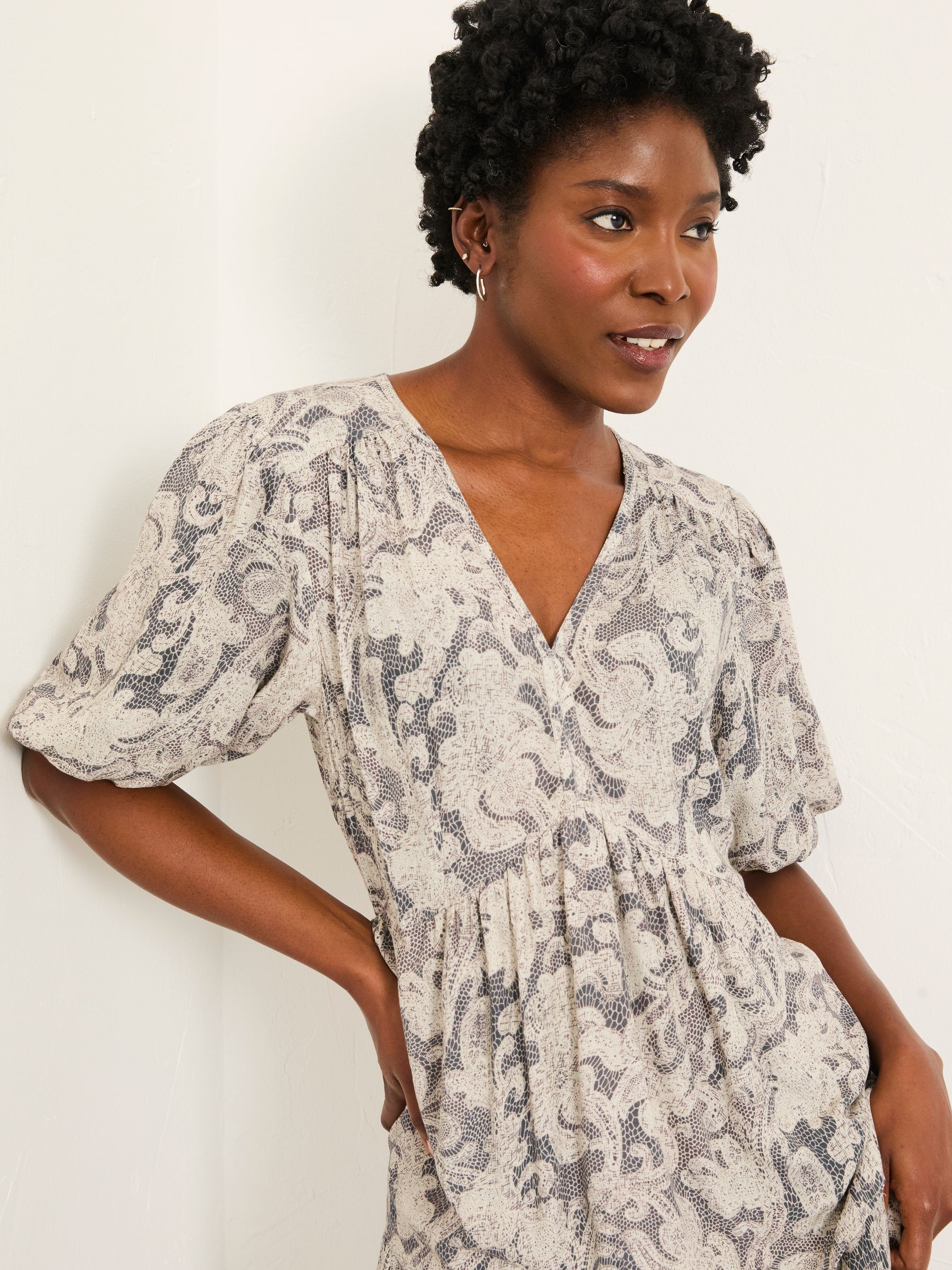 Buy FatFace Milly Charcoal Grey Decorative Floral Midi Dress from