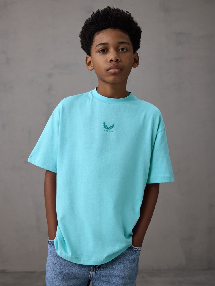 Castore Teal Blue Logo Oversized Short Sleeve Cotton T-Shirt - Image 1 of 4 Castore Teal Blue Logo Oversized Short Sleeve Cotton T-Shirt - Image 1 of 4