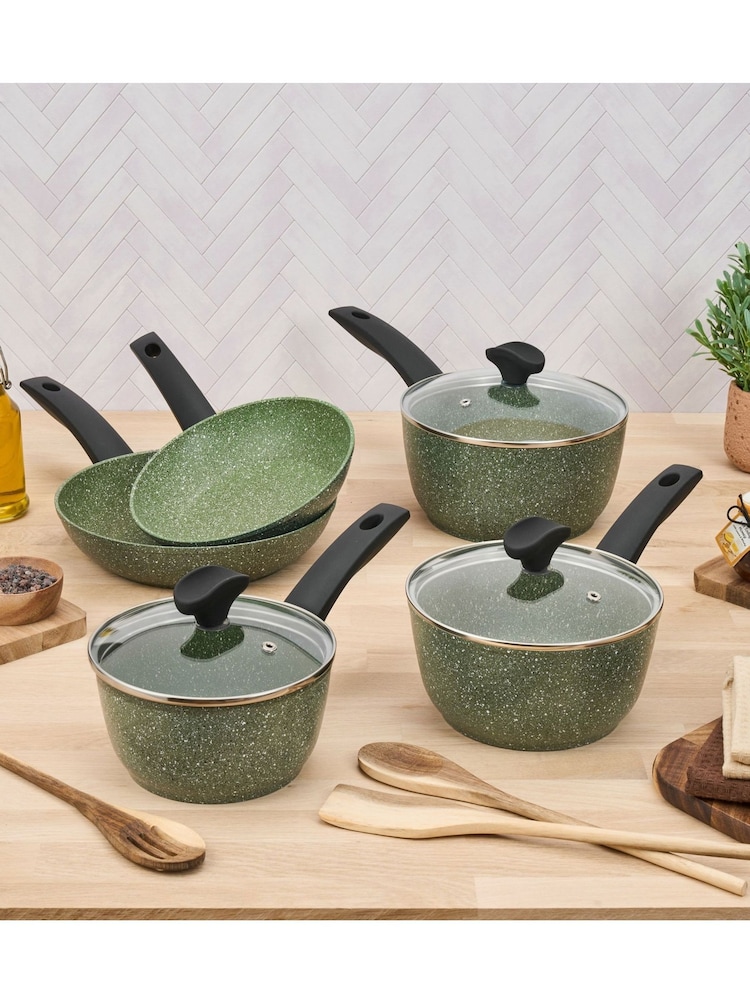Prestige 5 Piece Green Eco Non Stick Induction Cookware 16 18 20cm Saucepans And 20cm 24cm Frypan Set - Image 1 of 10